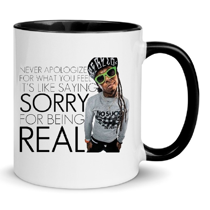 Cana ceramica premium Lil Wayne 330ml Nr.7 – Alb Negru, Finisaj Lucios, Se poate spala in masina de spalat vase, Imprimare prin sublimare de inalta calitate, Cadou pentru fanii Hip-Hop