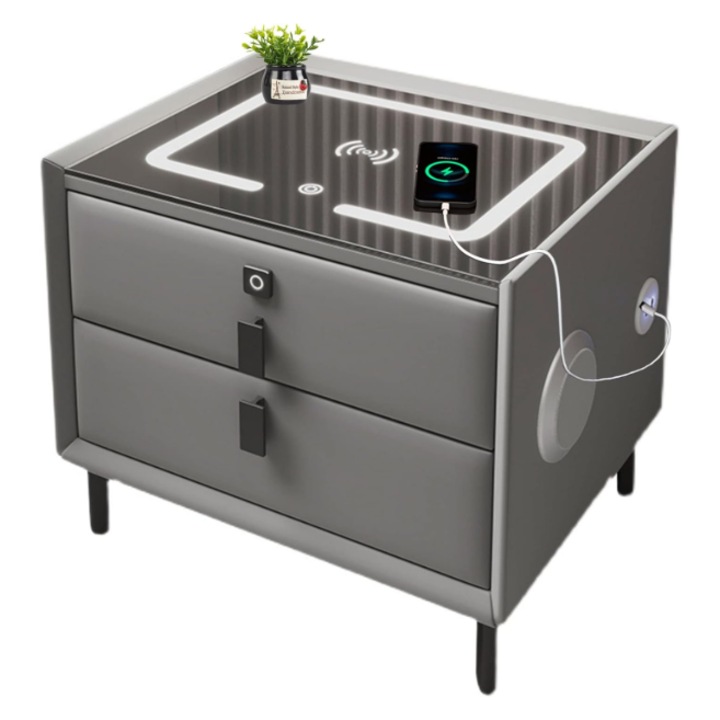 Noptiera smart multifunctionala, iluminare led, tactil, incarcare wireless si usb, difuzor bluetooth, 2 sertare, blocare sertar cu amprenta, gri