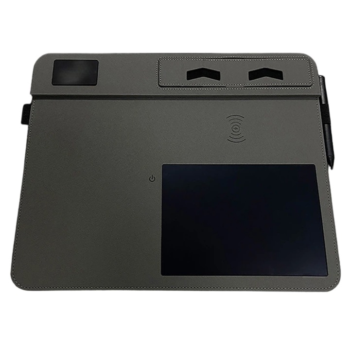 Mousepad multifunctional, XIA-615, 28x36 cm, incarcare wireless rapida 15 W, tableta de notite 12x17 cm, Creion fara baterie, suport telefon reglabil, antiderapant, rezistent la apa, rezistent la uzura, usor de curatat, gri