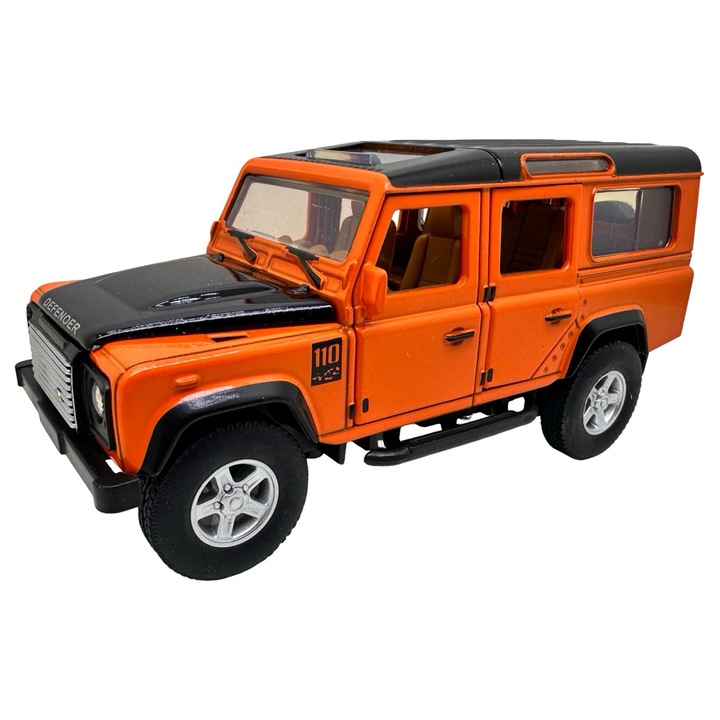 Land Rover Defender narancssárga modell 1:32 fénnyel és hanggal, nyitható ajtókkal és motorháztetővel