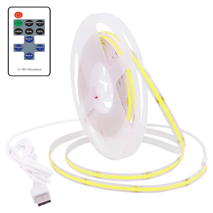 Комплект LED лента Belkrone®, 3м, Студено Бяла, 6000K, COB Технология, 360 LED/м, Дистанционно 10 бутона, Студена Бяла Светлина, Самозалепваща, USB Захранване