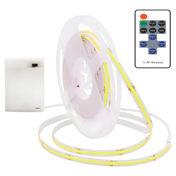 Комплект LED лента Belkrone®, 5 м, студено бяла, 6000K, COB технология, 360 LED/м, дистанционно управление с 10 бутона, студена бяла светлина, самозалепваща, захранване с батерии, 3 x AA