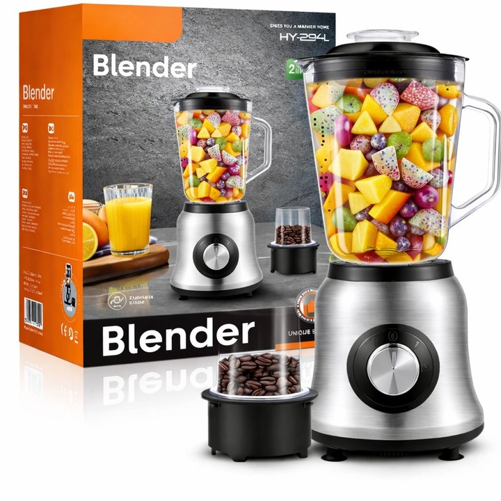 Blender electric 2 in 1 cu rasnita, capacitate 1.5L, putere mare, 2 viteze + Pulse, lame din otel inoxidabil, pentru smoothie, sucuri, gheata si cafea