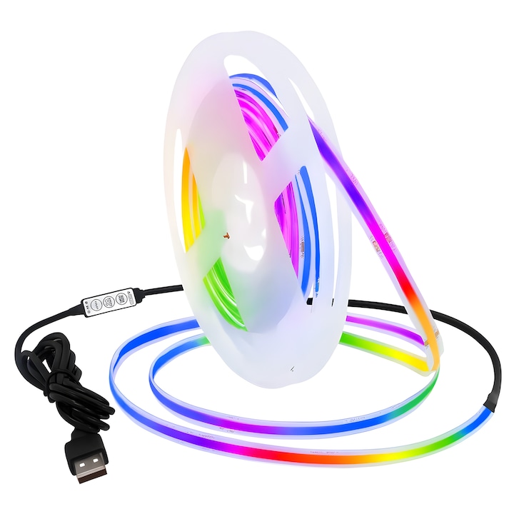 Комплект LED лента, 5м, RGB, COB технология, 3-бутонен контролер, Регулируема интензивност, Самозалепваща, USB захранване