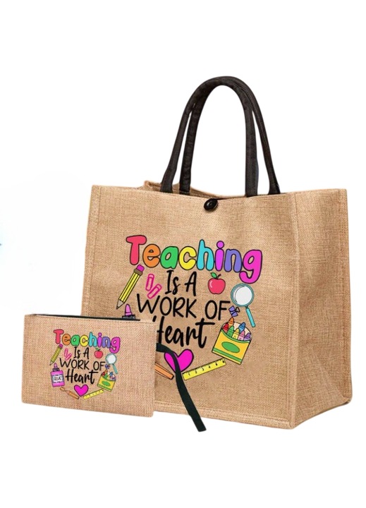Geanta tote din material de in cu portofel, model Teaching, potrivita pentru invatatoare, 31 x 34 cm, culoarea bej