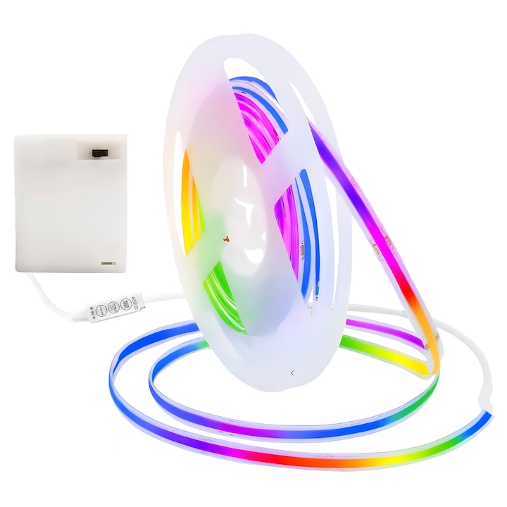 Комплект LED лента, 5м, RGB, COB технология, 3 бутона контролер, Регулируем интензитет, Самозалепваща, Захранване на батерии, 3 x AA