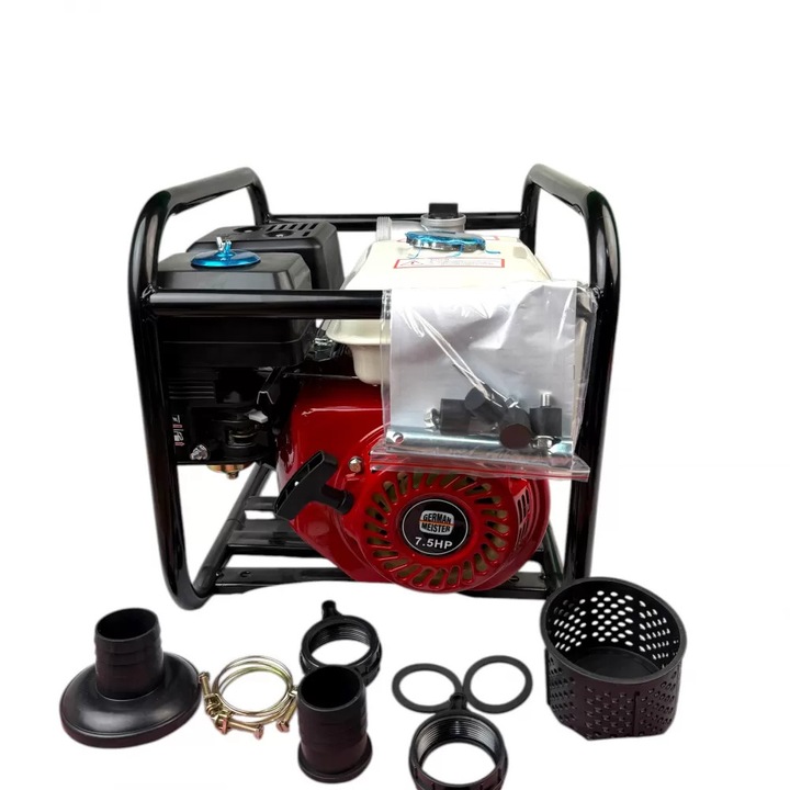 Бензинова водна помпа German Meister 7.5 HP, 40.000 л/ч, напор 30 м, засмукване 8 м, връзка 2″, пълен комплект аксесоари