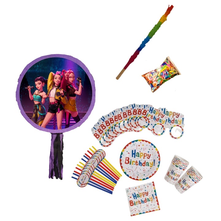 Pinata Huntrix cu accesorii, PinaStar, set 1 pinata, 12 farfurii, 12 pahare, 12 servetele, 12 paie, 12 ochelari, bat si confetti, dimensiuni 60x33cm, colorat