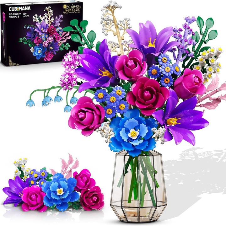 Set de Constructie Buchet de Flori CUBIMANA cu Lumina LED, 21 Flori Mov, 1054 Piese, Colectie Botanica, Decor pentru Casa, Cadou pentru Femei, Adulti si Copii de 12+ Ani