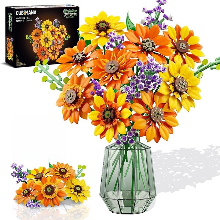 Set de Constructie Buchet de Flori Soarelui cu Lumina, 1011 Piese, 17 Flori, Colectie Botanica, Planta Artificiala, Decor Art pentru Casa, Cadou pentru Adulti si Femei