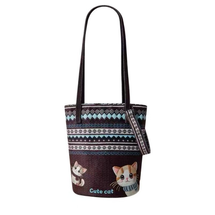 Geanta tote stil colegiu, geanta tote din panza cu imprimeu animalier pastoral retro, geanta de mana populara stil Y2K 2026, mini geanta draguta, imprimeu cu pisica