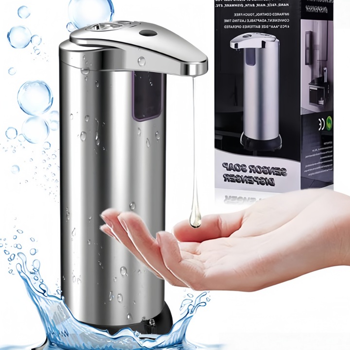 Dozor inteligent de sapun lichid cu senzor infrarosu, Excitat®, argintiu elegant – Material ecologic ABS+PC, setare pe 3 niveluri, capacitate 280 ml, rezistent la apa, potrivit pentru baie si bucatarie