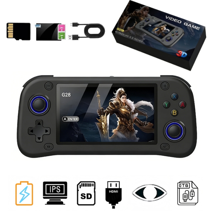 Consola retro portabila G28 cu jocuri, AjieQaQ, 30.000 jocuri video,128GB Card Inclus, RAM 4GB, Ecran HD IPS 4, 3”, Procesor Quad Core 1.3GHz, Joystick 3D, Consola jocuri pentru adulti si copii, Autonomie 8h, Incarcare Type-C