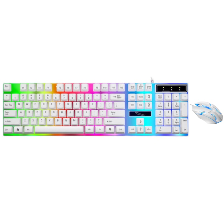 Vezetékes egér és billentyűzet készlet, Reimungkot, LED világítás, gamer, számítógép, laptop, fehér
