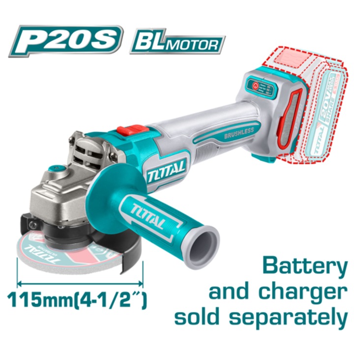 Polizor unghiular fara fir TOTAL TAGLI21154, Fara perii, 20 V, Ф 115 mm, fara acumulator