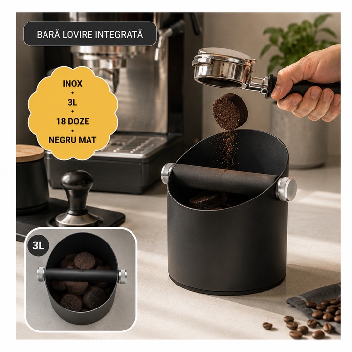 Butoi Colector Zat Cafea Jaskus® EcoKnock Otel Inox, Bara Lovire Silicon 3L 18 Doze, Knock Box Espresso Portafiltru, Anti-Alunecare