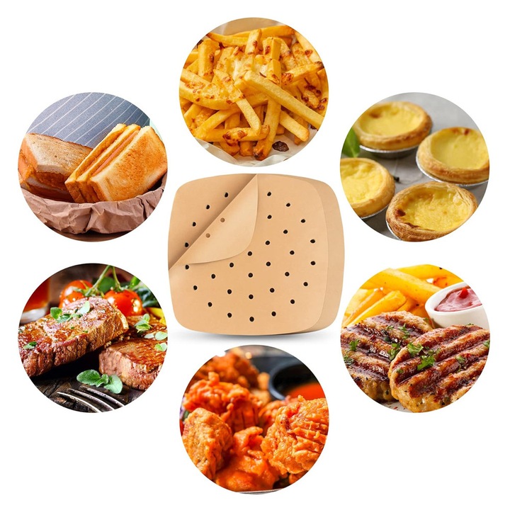 Set 100 captuseli pentru friteuza cu aer, Hartie de pergament perforata, Pensula din silicon pentru aplicat ulei, 21.5x21.5cm, Maro
