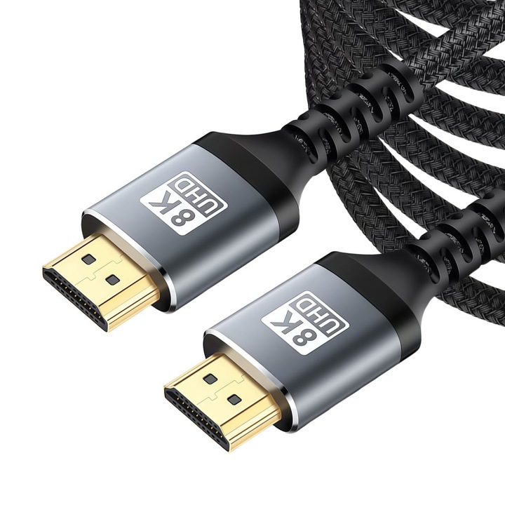 HDMI 2.1 8K kábel, 3 méter hosszú, támogatja a 8K/60Hz, 4K/120Hz és Ultra HD felbontást, akár 48Gbps átviteli sebesség, univerzálisan kompatibilis, ezüst