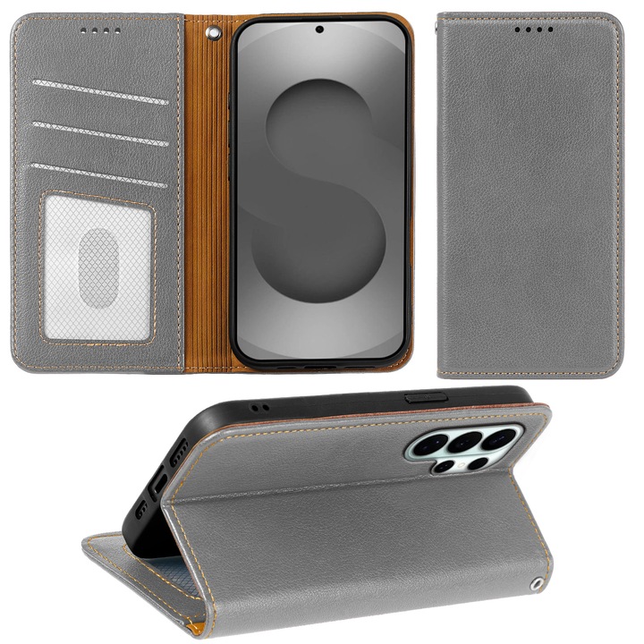 Калъф за Samsung Galaxy S26 Ultra, Omelivon, кожен флип калъф, с вътрешен портфейл, функция стойка и магнитно закопчаване, първокласни покрития, противоударен, сив