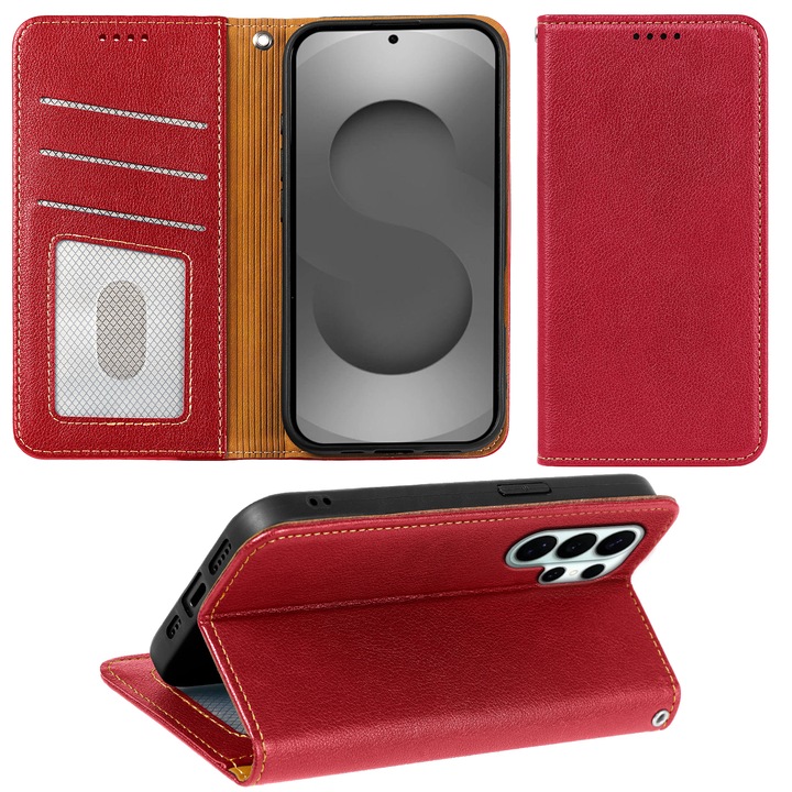 Калъф за Samsung Galaxy S26 Ultra, Omelivon, кожен флип калъф, с вътрешен портфейл, функция стойка и магнитно закопчаване, първокласни покрития, противоударен, червен