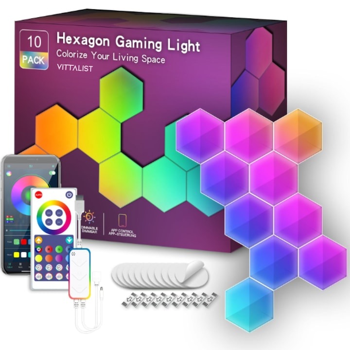 Set Panouri LED RGBIC XiOMAX, 10 Module Hexagonale, Control Smart, Sincronizare Muzica, Multicolor