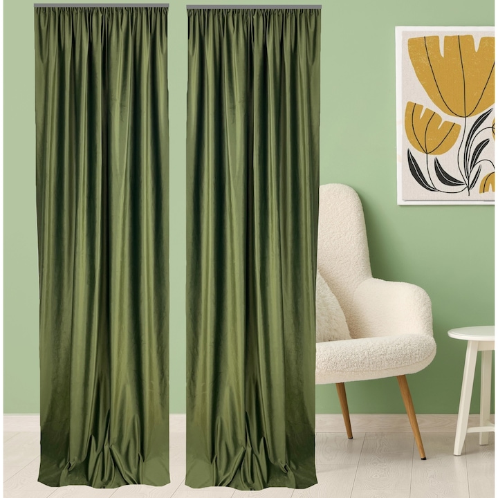 Set 2 draperii catifea black-out, 2x140X250cm, cu rejansa, verde olive
