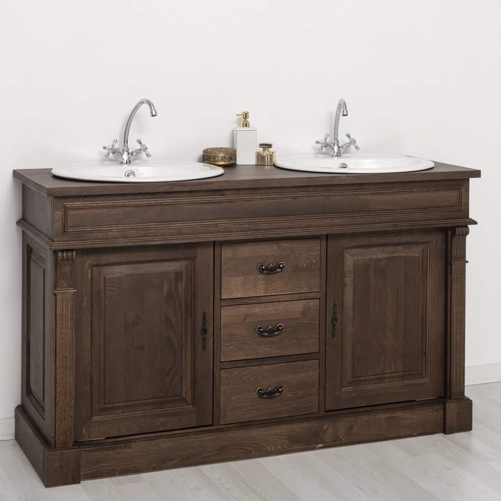 Dulap baie stejar cu 2 lavoare, din stejar, 100% lemn masiv, 150x91x51 cm