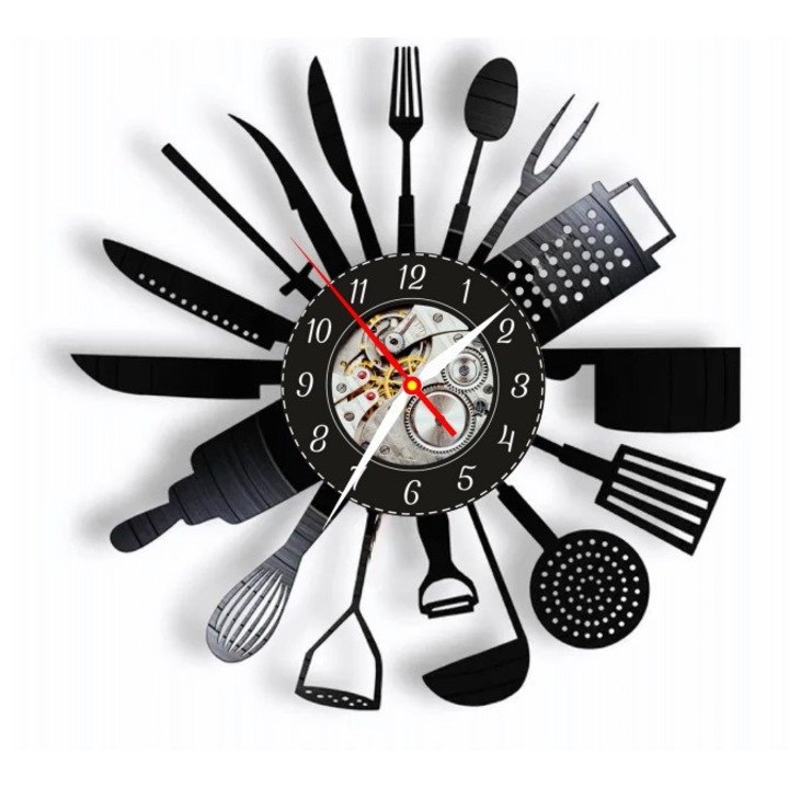 Декоративен стенен часовник - Kitchen Master - Дизайн с кухненски прибори, ножове и аксесоари за кухня - изработен от винилова плоча (Vinyl Record), Черен
