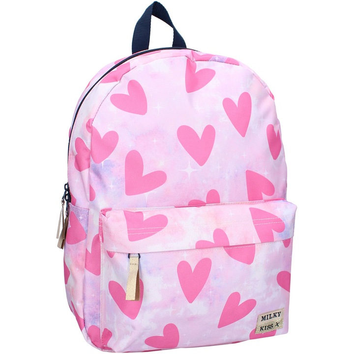 Ghiozdan roz pentru fete Milky Kiss Hearts, Vadobag, 39x29x12cm, compartiment principal spatios, bretele ajustabile