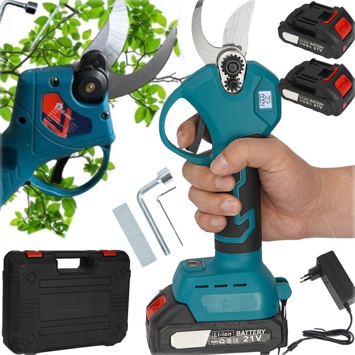 foarfeca electrica automata portabila cu acumulatori, pentru gradina sau vie, lama din otel carbon, baterie 2000mah, 2 acumulatori foarfeca de gradina electrica puternica cu baterie 2xaku 21v xl set inclusi, accesorii si valiza transport, albastru