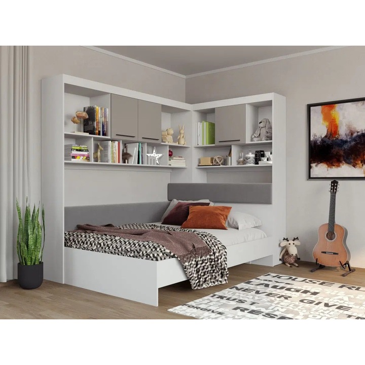 Set Dormitor Colt, Lucio C1, Alb/Casmir, Pat 140x200cm, Corpuri Suprapozabile