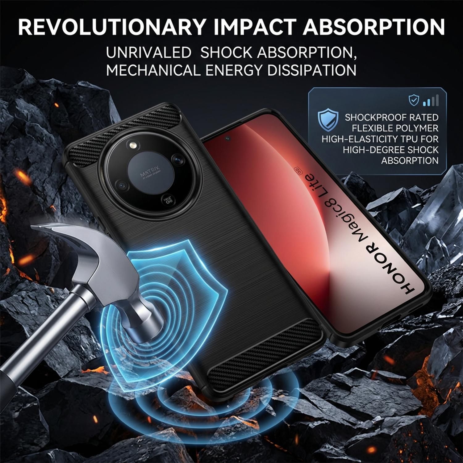 Husa de protectie pentru Honor Magic 8 Lite, Model Fibra de Carbon, Antisoc, Slim Fit, Material Silicon TPU Flexibil, Spate Mat Anti-Amprenta, Margini Ridicate Protectie Camera, Culoare Negru