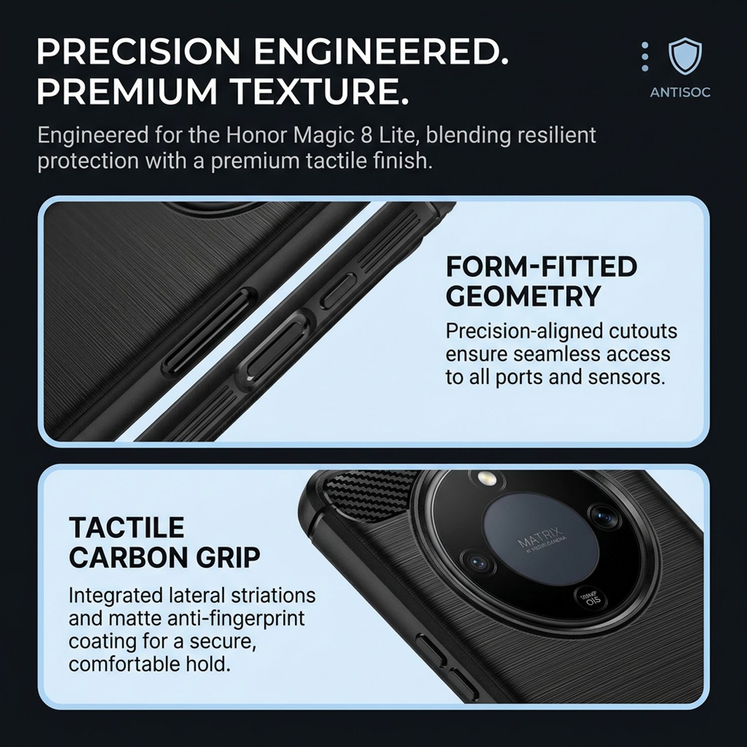 Husa de protectie pentru Honor Magic 8 Lite, Model Fibra de Carbon, Antisoc, Slim Fit, Material Silicon TPU Flexibil, Spate Mat Anti-Amprenta, Margini Ridicate Protectie Camera, Culoare Negru