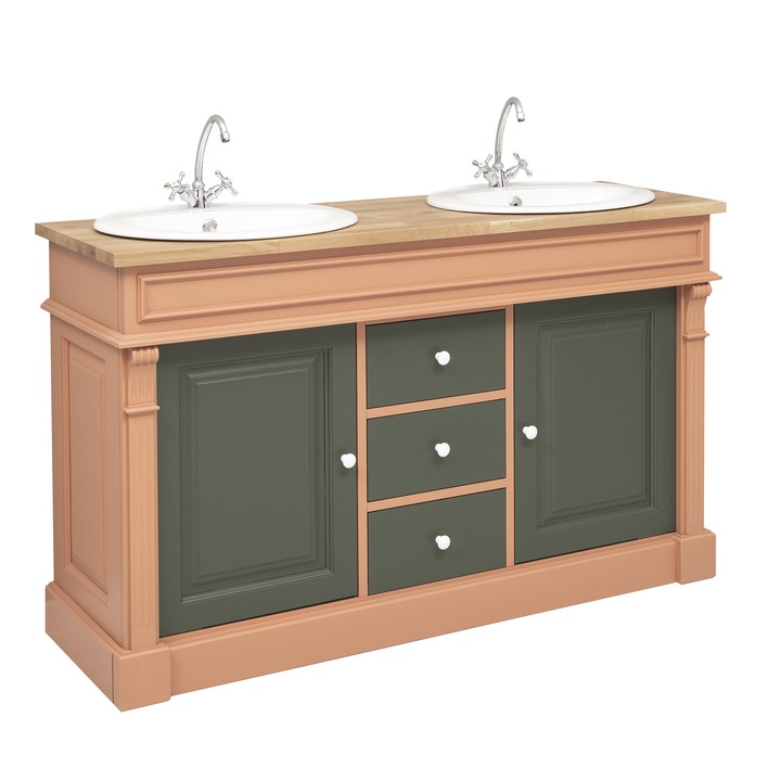 Dulap baie pentru 2 lavoare, ornamentat, blat stejar - Golden Brown/Beige Red/Olive Green, 100% lemn masiv, 150x91x51 cm