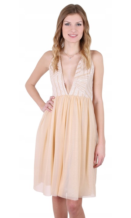 Rochie midi bej cu paiete sarcia, eleganta, croiala impecabila, nailon, XL INTL