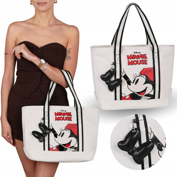 Geanta Shopper Minnie Mouse Bej, Mare, cu Breloc si Manere Lungi, 36x25x16cm, Colectie Oficiala
