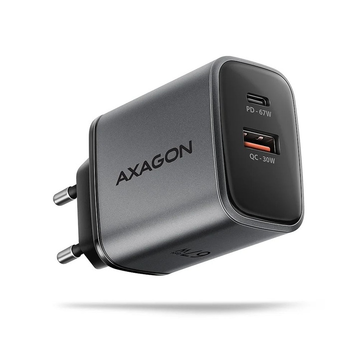 AXAGON ACU-PQ67 мрежово зарядно устройство PD3.0 & QC4+ 1*USB-A 1*USB-C изход 67W GaN технология 5V/3A, 9V/3A, 12V/3A, 15V/3A, 20V/3.35A черно