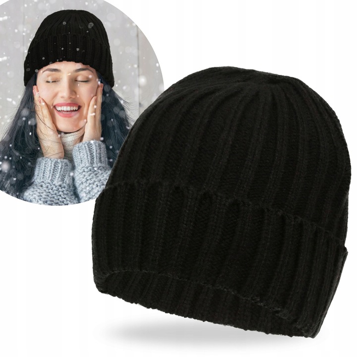 Caciula de Iarna Dama, Neagra, Tricotata cu Nervuri, Groasa, Confortabila, Set