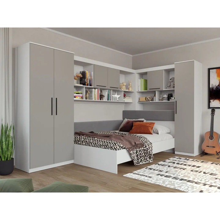 Set Dormitor Colt, Lucio C3, Alb/Casmir, Pat 140x200 cm, Corpuri Suprapozabile, Dulapuri Laterale