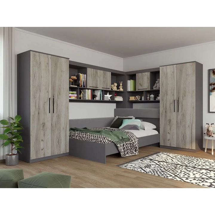 Set Dormitor Colt, Lucio C6, Gri/Lemn, Pat 140x200 cm, Corpuri Suprapozabile, Dulapuri Laterale