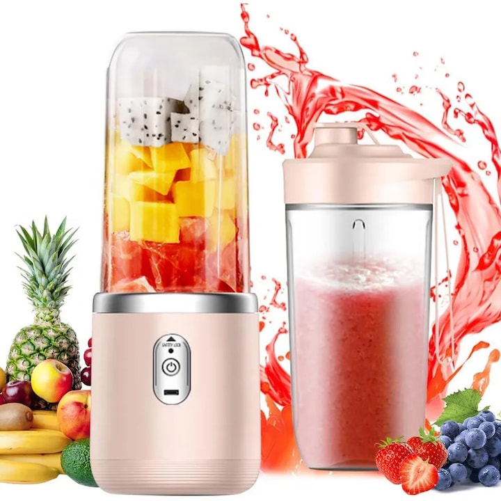 Mini Blender Portabil Electric Roz cu Acumulator Promagg® – 2 Recipiente, 6 Lame 3D, 400 ml, 40W