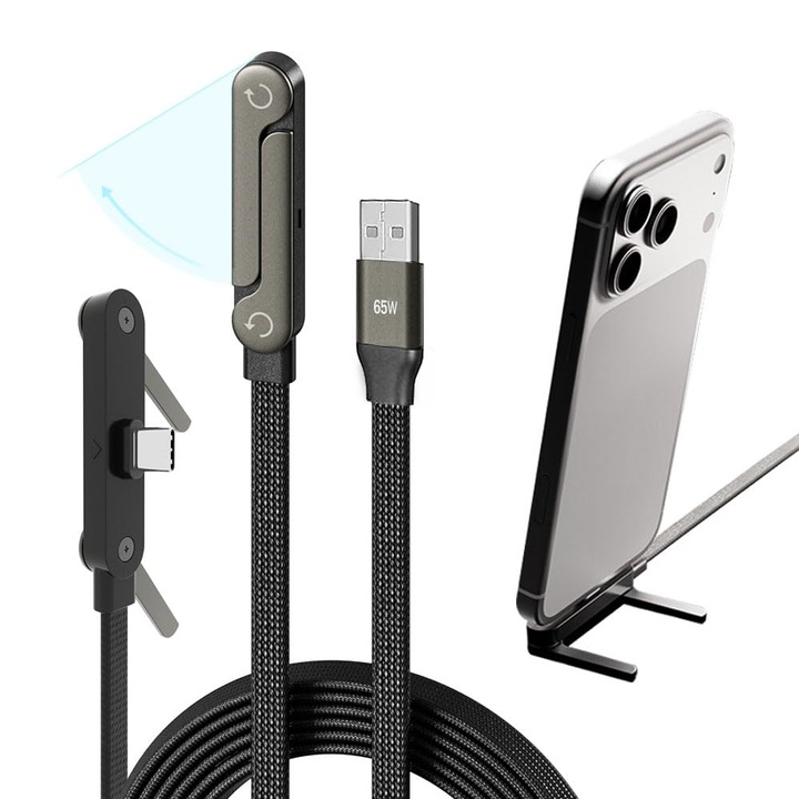 Cablu USB-A la USB-C 65W VALA® cu Suport Integrat si Reglabil Telefon, Incarcare si Transfer de Date Ultra Rapide, Cip E-Marker, Materiale Premium, Compatibilitate Universala, Negru