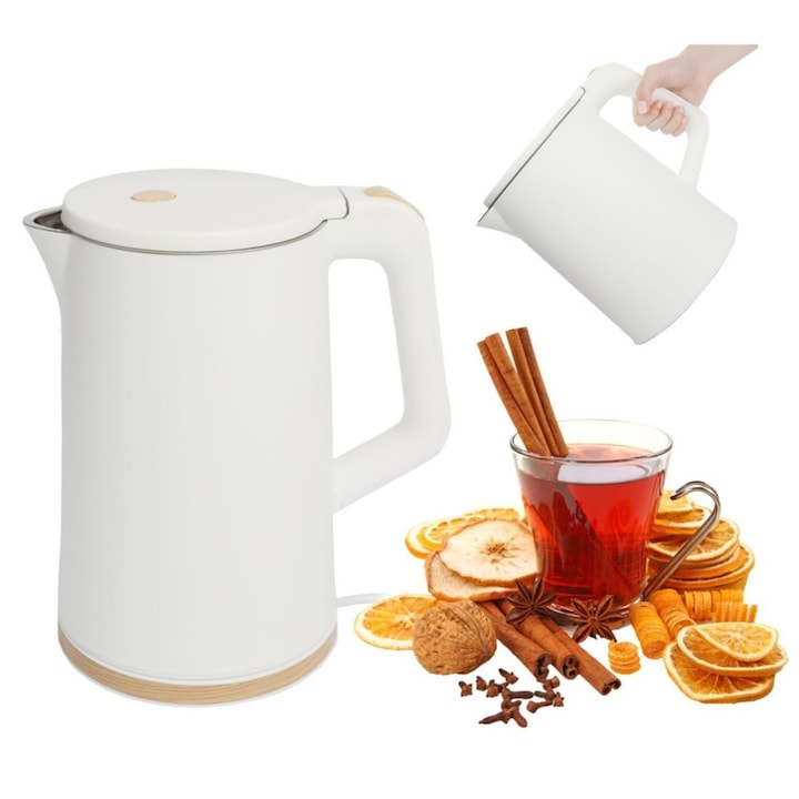 Fierbator electric fara fir turistic 1500W 1.8L alb, Bauerkraft, dimensiuni 26x22x13cm, rotativ