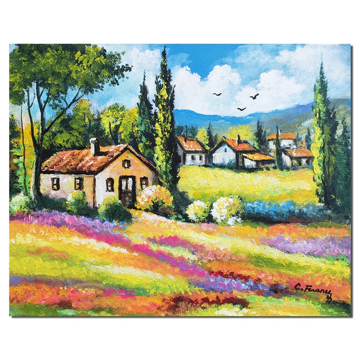 Tablou peisaj din natura cu case pictat manual, Oaza de liniste, 50x40cm ulei pe panza, Constantin Feraru