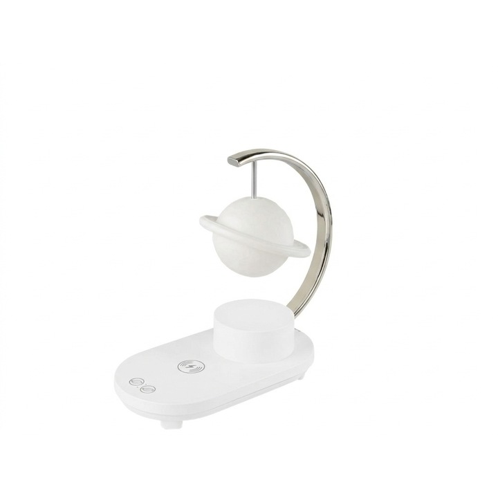 Lampa RGB Saturn light cu incarcare wireless 10W, Abajur in forma de Saturn, difuzor Bluetooth, LED, cablu USB, 28 x 25 x 13 cm, plastic, alb