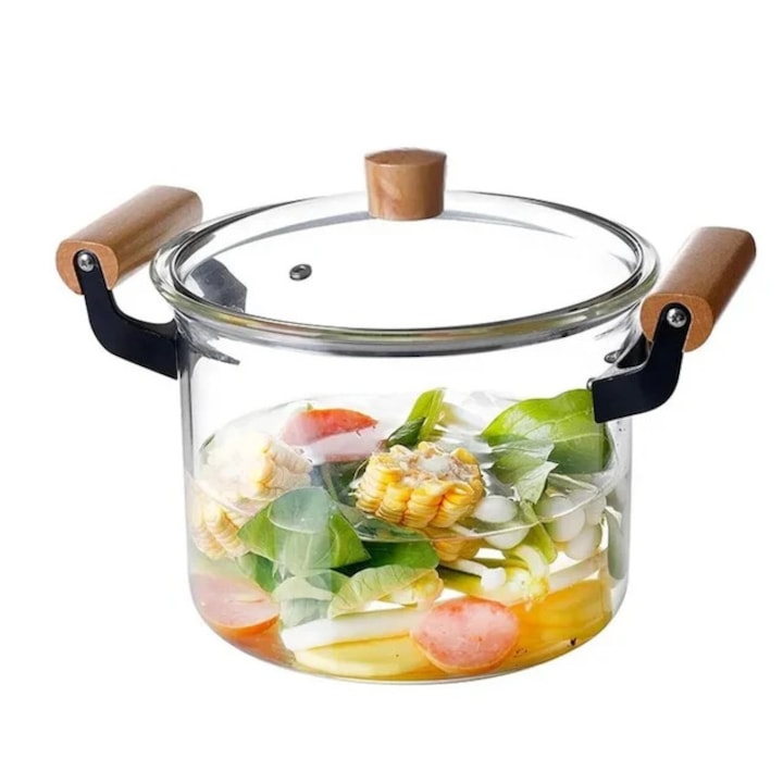 Oala din Sticla Borosilicata, Termorezistenta 4.5L cu Capac, Wei Inox, Transparenta, Rezistenta la Temperatura, Pentru Gatit Supe si Paste