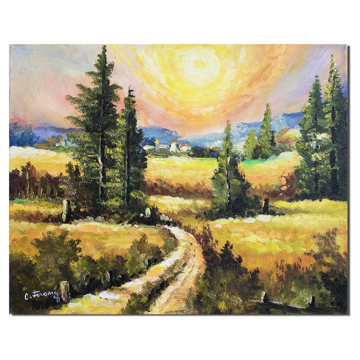 Tablou peisaj feeric din natura pictat manual, Apus de soare, 50x40cm ulei pe panza, Constantin Feraru