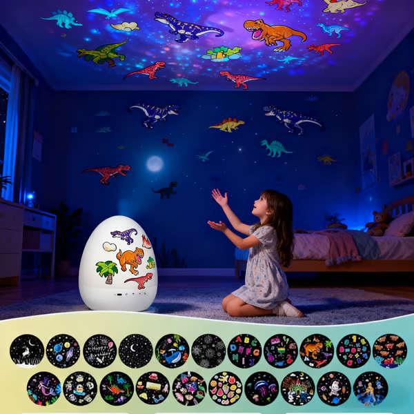 Proiector, lampa de veghe, forma ou de dinozaur, proiectii fermecatoare cu dinozauri si stele, 3 culori de lumina reglabile, pentru o atmosfera perfecta, lumina de noapte linistitoare cu melodii relaxante - DINODREAM JOJOY®
