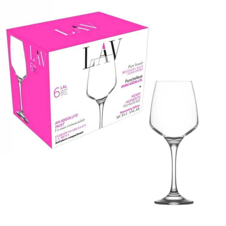 Set 6 Pahare Vin LAV 400 ml, Sticla Transparenta, Elegante, Pentru Vin Rosu si Alb, Rezistente, Uz Casnic
