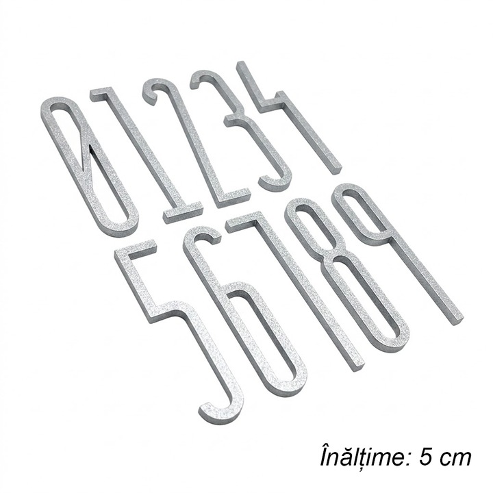 Numar casa si litera autoadeziv, Set cifre 0-9 din acril, Inaltime 5cm, Stil Modern 3D pentru Hotel si Apartament, Argintiu
